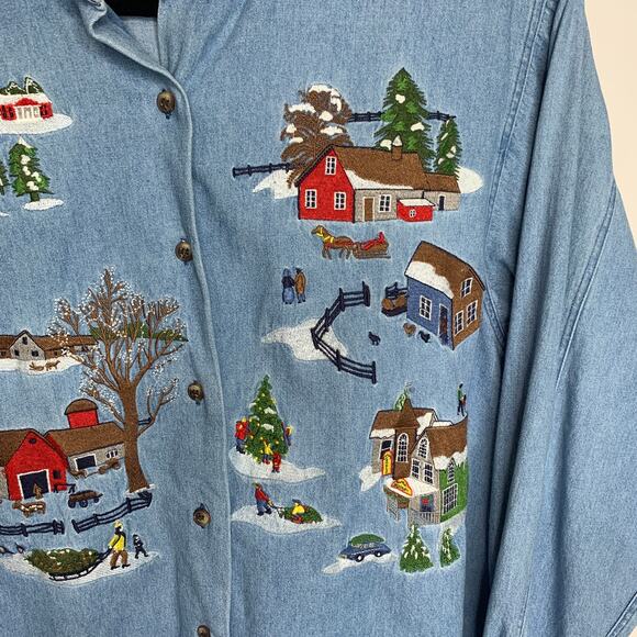 Vintage  Embroidered Winter Scene Chambray Shirt Sz Medium - Picture 3 of 5